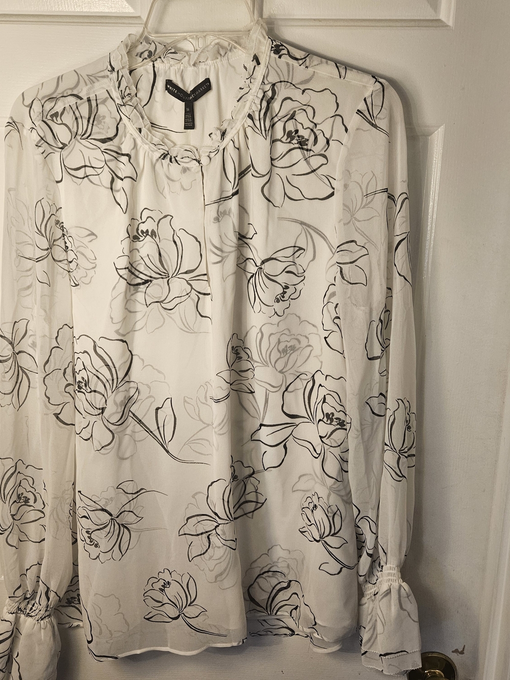 White House Black Market White Blouse with Black Floral Sketches